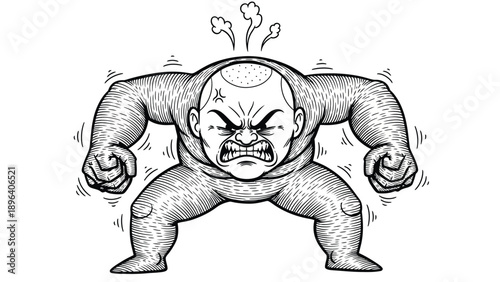 Illustration of an enraged cartoon character with a muscular build, clenched fists, and steam rising from its head, conveying intense anger.
