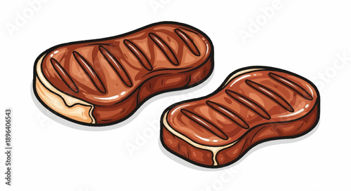 Two grilled steaks with grill marks and fat trim.