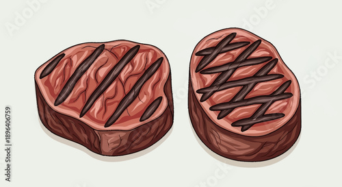 Two grilled steaks with grill marks on a light background.