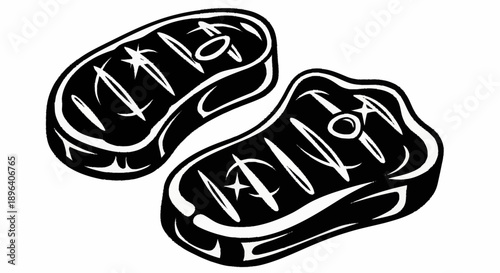 Two grilled steaks with grill marks on a white background.