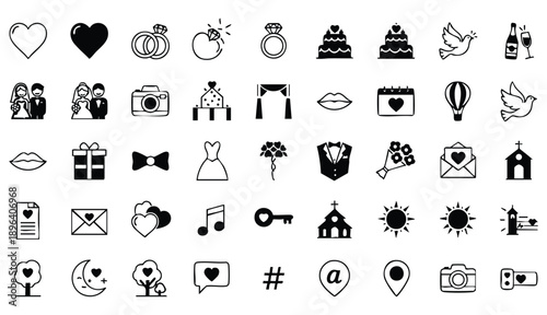 A minimalist, black and white silhouette icon set, meticulously arranged in a grid of 7 rows and 10 columns, featuring a diverse collection of symbols associated with love, weddings, and celebrations.