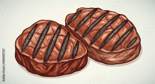 Two juicy grilled steaks with dark grill marks.