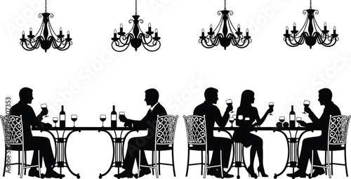 Collection of People Dining in Restaurant Silhouette Vector Illustration, Elegant Couple and Business Men at Cafe Tables with Wine and Ornate Chandeliers,