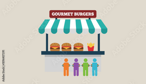 Colorful Silhouettes and People Line Up in Front of a Vibrant Gourmet Burgers Stand with Red Sign, Green Awnings, and Counter