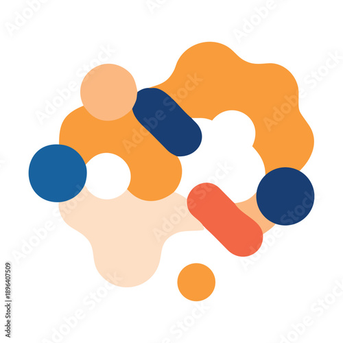 Abstract composition of colorful organic shapes and circles in warm orange, peach, and deep blue tones, isolated on