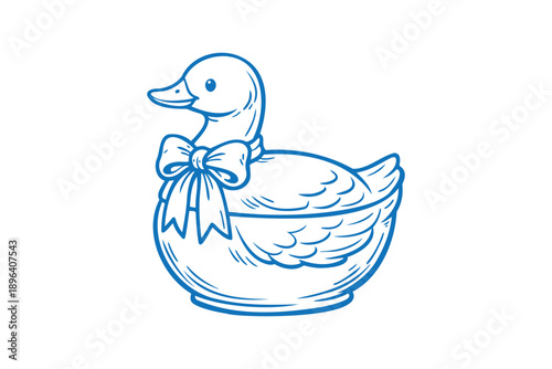 Vintage thrifting a blue line drawing of a rubber duck with a bow