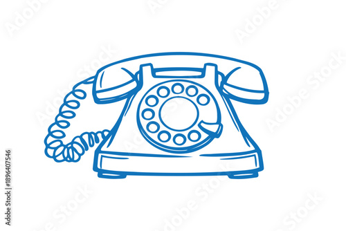 Vintage thrifting blue line drawing of a vintage rotary telephone icon