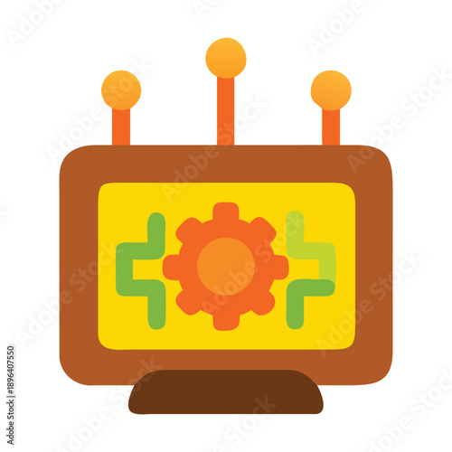 Flat design icon representing a computer monitor displaying a central gear mechanism with circuit board traces and three antennae on top, symbolizing technology and engineering