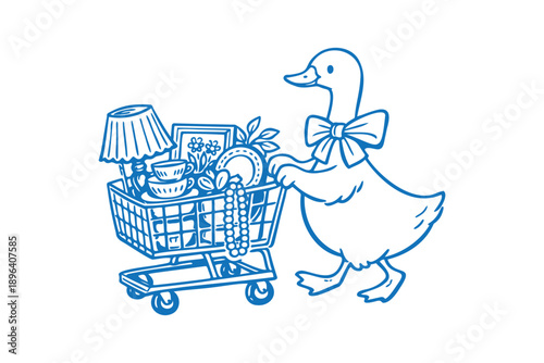 Vintage thrifting a cartoon duck pushing a shopping cart full of household items