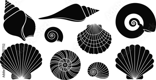 Collection of Seashell and Snail Shell Silhouette Vector Illustration, Nautical Maritime Beach Elements, Scallop and Spiral Shell Icons for Summer Ocean Design Template
