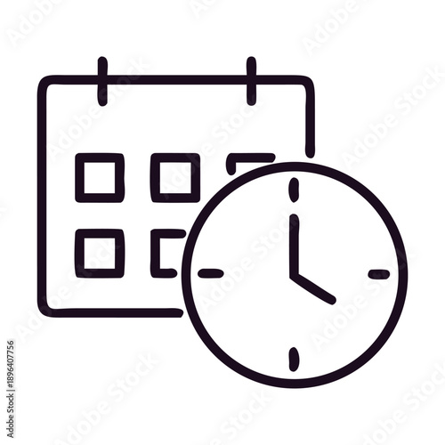 Simple line icon representing a calendar and a clock overlapping, symbolizing scheduling, time management, appointment, or deadline concept, isolated on