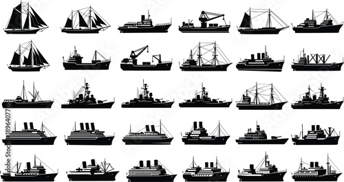 Collection of Ship and Boat Silhouette Vector Illustration Set, Different Commercial Vessels for Maritime Transport Logistics Ocean Travel and Nautical Graphic Design Elements,