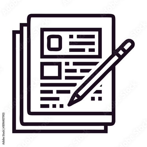 Outline icon of stacked document paper with text layout and a pencil writing on top, representing editing, review, or application process, isolated on