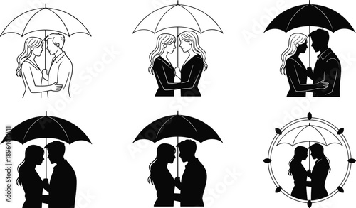 Romantic couple silhouettes under umbrella illustration set showing love, intimacy, protection and togetherness, modern minimal line art icons for Valentine, wedding and relationship concepts