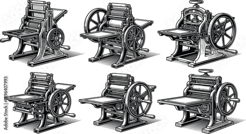 Collection of Vintage Printing Press Illustrations, Hand Drawn Retro Letterpress Machine Graphics, Antique Industrial Equipment for Publishing, Print Shop, and Media Design History