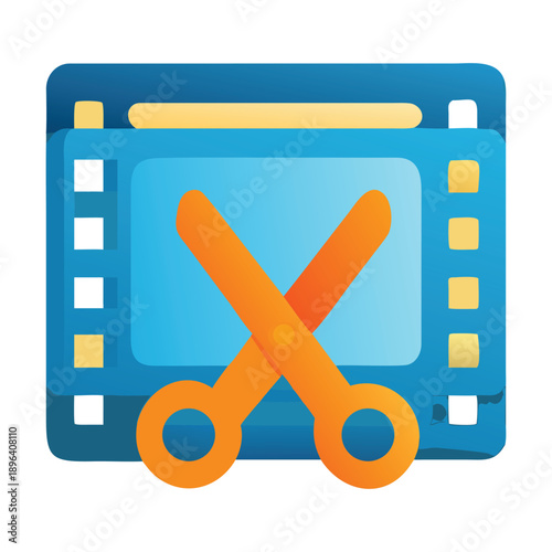 Icon representing video editing or cutting, featuring a pair of orange scissors overlaid on a blue film strip or movie screen graphic, symbolizing trimming or splicing footage