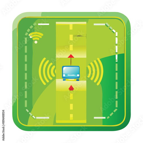 Icon representing autonomous vehicle technology with wireless communication and lane keeping assist system on a green road map background