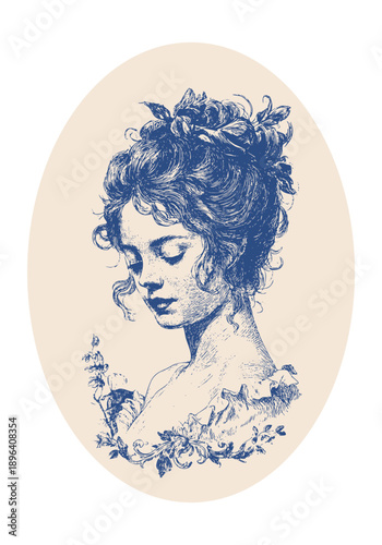 Bilde på lerret modern rococo inspired cameo poster with young lady, romance look, classical vin