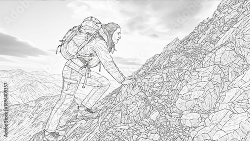 Woman climbing a rocky mountain with a backpack.