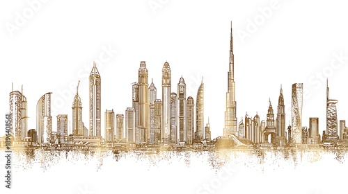Golden Line Art Dubai Skyline Silhouette on Photo White Background cityscape skyscrapers