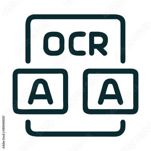 Optical character recognition icon representing text extraction from an image or document, showing the acronym ocr above two boxes containing the letter a, symbolizing data conversion
