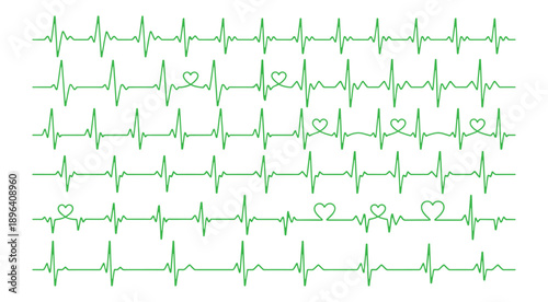 Red heartbeat line collection with heart symbol, cardiology, medical pulse, ECG, EKG design, healthcare clipart vector illustration, health monitoring, digital heartbeat graphics