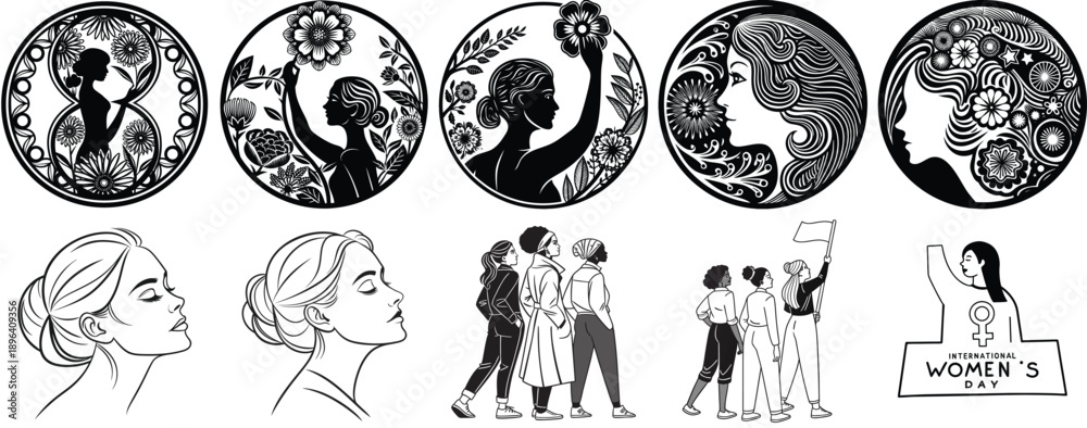 Obraz premium International Women's Day vector illustration set. Female silhouettes, profiles, and protest march in black and white, isolated on white