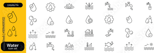 Water icon set. water linear icon collection real estate. Drop Water, Mineral Water, Low and High Tide, Shower, Plastic Bottle and Glass.Editable line icons. Vector illustration