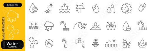 Water icon set. water linear icon collection real estate. Drop Water, Mineral Water, Low and High Tide, Shower, Plastic Bottle and Glass.Editable line icons. Vector illustration