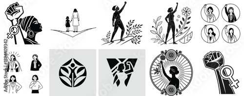Feminist vector icon set: women empowerment, protest fist, Venus symbol, female strength, and activism illustrations isolated on white