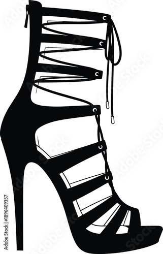 Black silhouette of trendy high heel gladiator sandal boot featuring multiple straps and lace up detail, isolated on white background for fashion footwear design illustration.