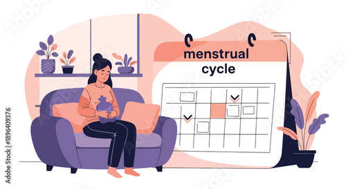 Modern vector illustration of woman resting on sofa with hot water bottle and large menstrual calendar background, representing self-care, pain relief, wellness, and healthy lifestyle