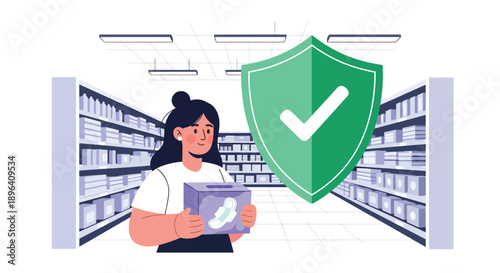 Flat vector illustration of woman shopping for sanitary pads in bright store with shield symbol background, representing hygiene, safety, menstrual health, and confidence