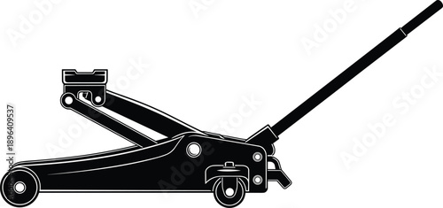 Vector illustration of a black hydraulic trolley jack for lifting automobiles during maintenance and tire replacement in a professional mechanic garage isolated on white background