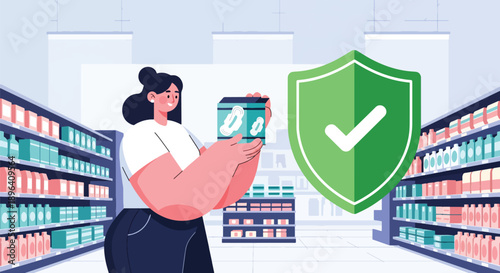 Flat vector illustration of woman shopping for sanitary pads in bright store with shield symbol background, representing hygiene, safety, menstrual health, and confidence