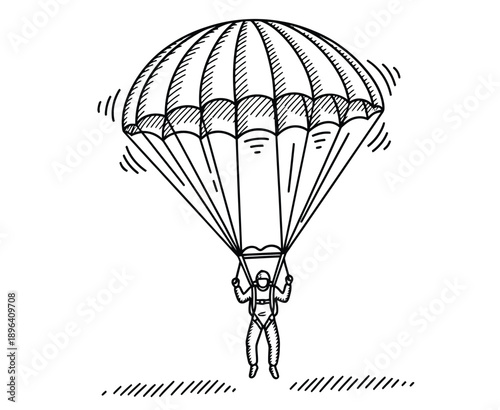 A black-and-white sketch of a parachutist in mid-air, holding onto the parachute cords. The parachute is semi-opened, with lines indicating motion.
