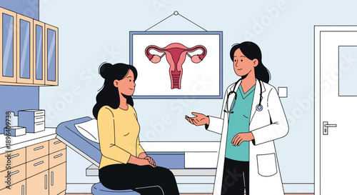 Flat vector illustration of woman consulting doctor in clinic with uterus infographic background, showing medical support, education, menstrual health, and awareness