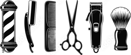 Vintage Barber Shop Tools Collection Including Pole, Razor, Comb, Scissors, Clipper and Shaving Brush for Grooming Salon Logo and Design Elements Illustration