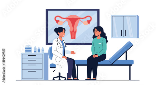 Flat vector illustration of woman consulting doctor in clinic with uterus infographic background, showing medical support, education, menstrual health, and awareness
