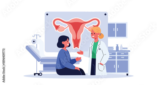 Flat vector illustration of woman consulting doctor in clinic with uterus infographic background, showing medical support, education, menstrual health, and awareness