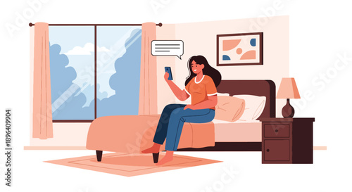 Flat vector illustration of woman video calling friend with chat background, showing emotional support, friendship, and mental wellness during menstruation