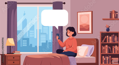 Flat vector illustration of woman video calling friend with chat background, showing emotional support, friendship, and mental wellness during menstruation