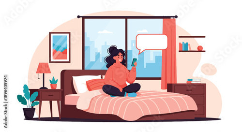 Flat vector illustration of woman video calling friend with chat background, showing emotional support, friendship, and mental wellness during menstruation