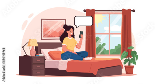 Flat vector illustration of woman video calling friend with chat background, showing emotional support, friendship, and mental wellness during menstruation