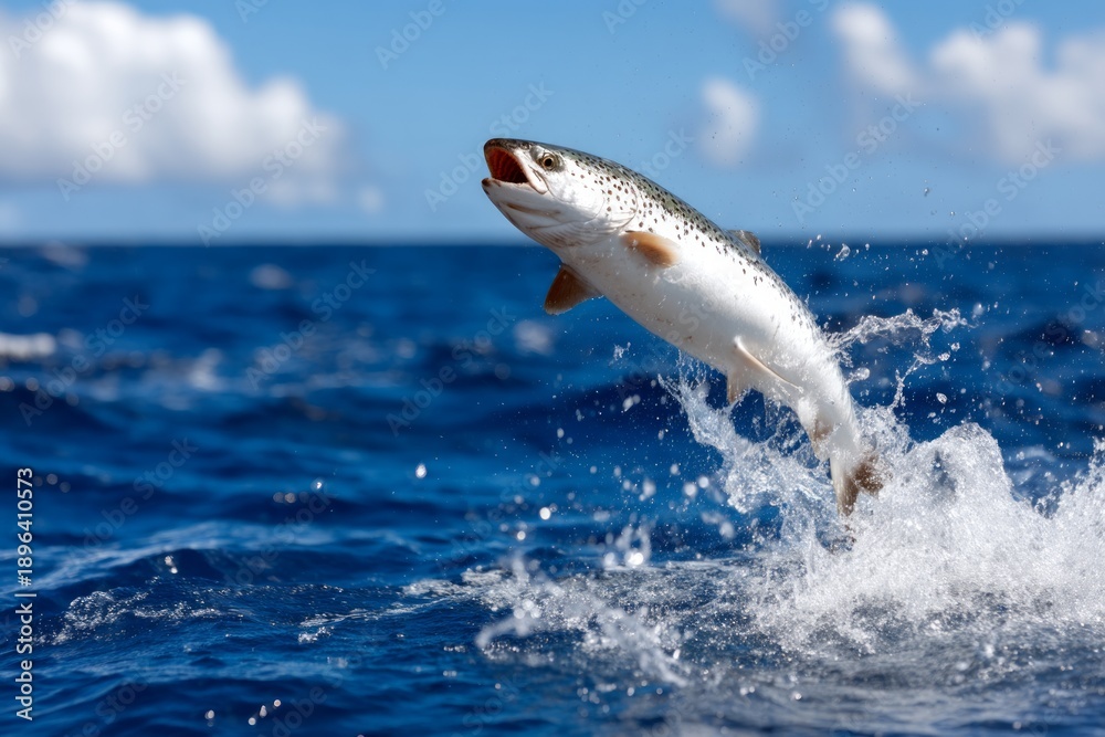 Obraz premium Fish Leaping Out of the Blue Ocean Under a Bright Sky with Clouds