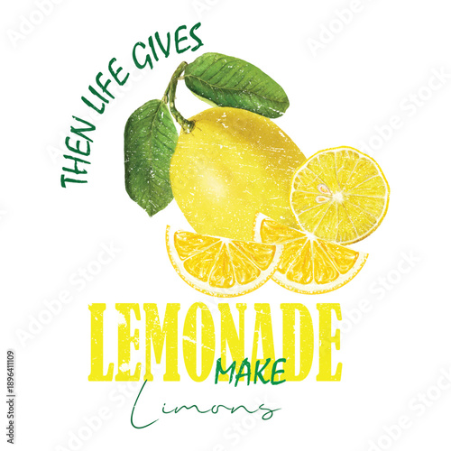 Fresh lemon fruit with slices and leaves for a summer lemonade t-shirt design. Vibrant citrus graphic for apparel, stickers, and posters. Hand-drawn organic food illustration for print.
