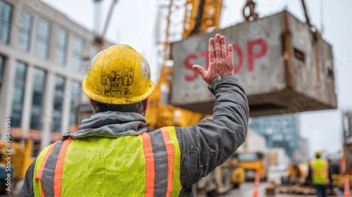 A construction worker in a yellow hard hat and safety vest signals to stop a crane lifting a heavy load on a city building site.