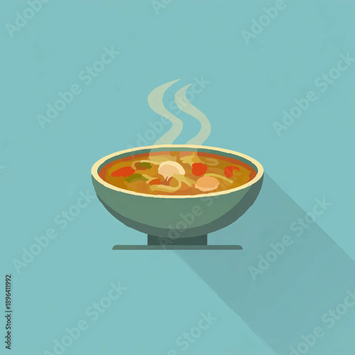 Steaming bowl of soup on a neutral background

