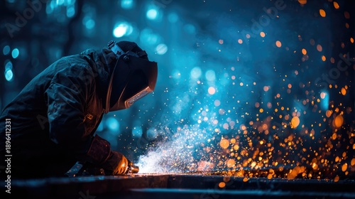 A skilled welder working in a dark environment with sparks flying everywhere