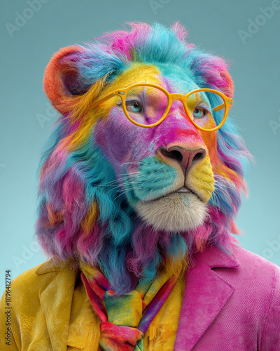 Dressed Up Lion Wearing Glasses and Suit, Creative Animal Portrait
